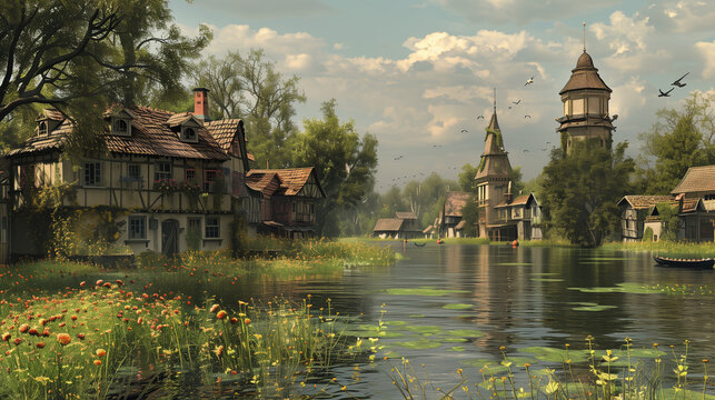 Fantasy village with swamp or lake