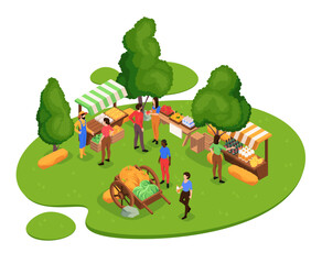 Isometric vector illustration of a lively farmers market scene with people and stalls, set against a green background, depicting a farmers market concept