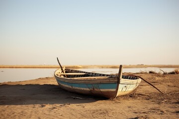Fototapeta premium A weathered wooden boat lies abandoned on a parched riverbed, evoking a sense of desolation and change. Abandoned Wooden Boat on Dry Riverbed