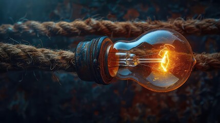 Light bulb at the end of a fraying rope in a dark room, spotlight on bulb, dramatic angle