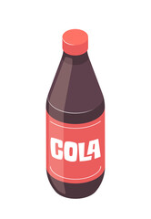 Cola bottle with a red cap and label, on a white background, representing the concept of soda beverages. Isometric vector illustration isolated on white background
