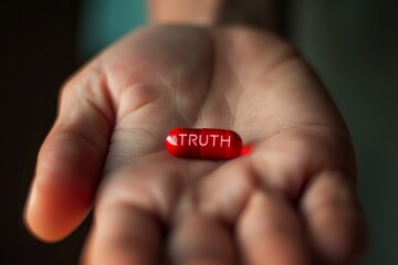 Close up of hand holding red pill with word TRUTH on it. Truth Pill