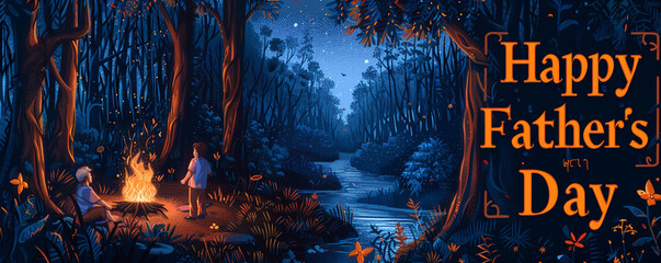 A tranquil forest scene at night with a campfire in the left corner, suggesting a father and child's presence. "Happy Father's Day" is displayed prominently in the right corner.