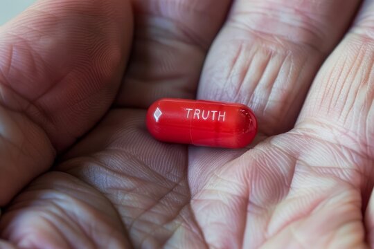 Close up of hand holding red pill with word "TRUTH" on it, 