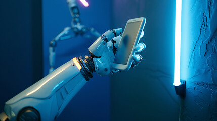 Robot Hand Holding Smartphone in Neon Light