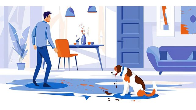 A man looks at his dog with a mixture of amusement and exasperation as the dog sits in a puddle of red paint, its tail wagging happily.