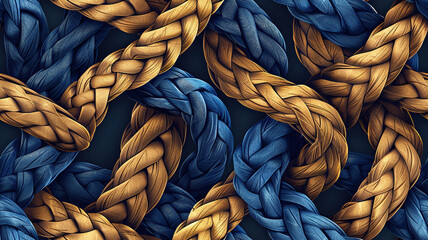Horizontal background with rope texture. Interweaving blue and brown ropes. Generated by artificial intelligence