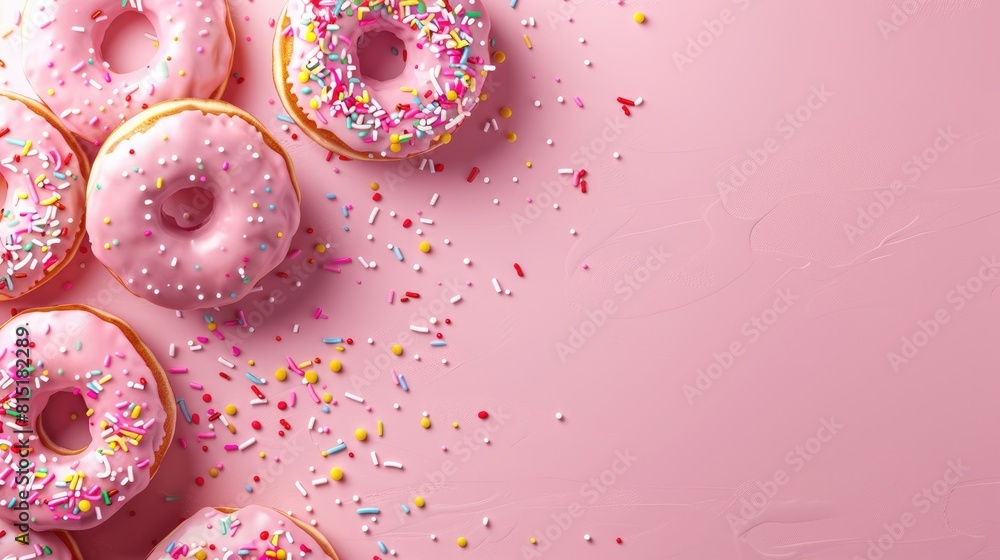 Poster Celebrate National Donut Day or Valentine s Day with a delightful concept featuring decadent donuts adorned with sugary icing and colorful sprinkles on a lovely pink backdrop perfect for a v