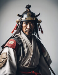 portrait of samurai, isolated white background, copy space for text 

