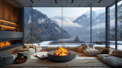 black living room inside modern log cabin, unreal engine style 5, transcendent nature, industrial-inspired, japanese-inspired, modern glass, nature-inspired, sofa near fireplace. Scandinavian