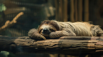 Naklejka premium Ute sloth sleeping on a plank of wood Depth