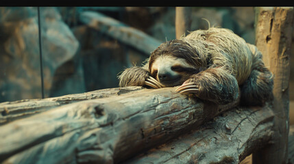 Naklejka premium Ute sloth sleeping on a plank of wood Depth