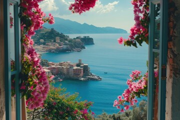 A view of a beautiful blue ocean with a pink flowery border