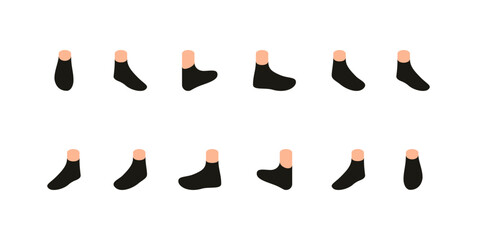 Constructor to create character. Series of feet displaying various positions for movement of character. Multiple pairs of black socks in rows, set of vector illustrations isolated on white background