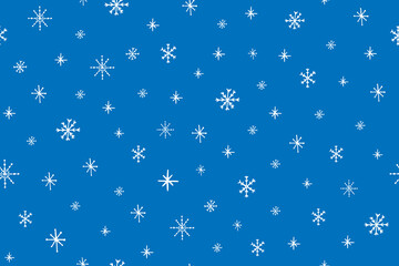 Seamless pattern of snowflakes. Cute colorful Christmas elements in doodle style. Great for design, greeting card, decoration, wrapping, textile. Vector illustration. Isolated on blue background