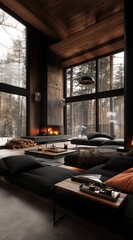 black living room inside modern log cabin, unreal engine style 5, transcendent nature, industrial-inspired, japanese-inspired, modern glass, nature-inspired, sofa near fireplace. Scandinavian