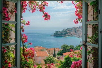 A window overlooking a beautiful ocean with a view of a town. The window is open and the view is filled with pink flowers