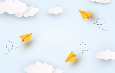 School or children blue sky cloudy background. 3d flying yellow paper airplanes. Vector cartoon kids planes in air
