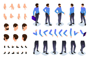 Isometric constructor to create character. Set of body parts, hands, feet, hair poses, gestures, for movement of businessman character. Set of vector illustration isolated on white background