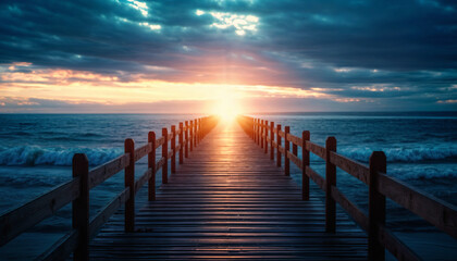 Obraz premium Pier at sunset. Sea pier in the light of sunlight