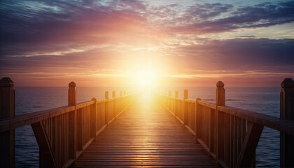 Fototapeta premium Pier at sunset. Sea pier in the light of the evening sun glare