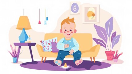 A toddler boy is sitting on a couch in a living room