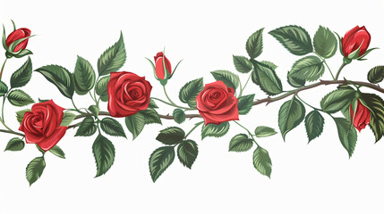 Vector branch of red roses and green leaves