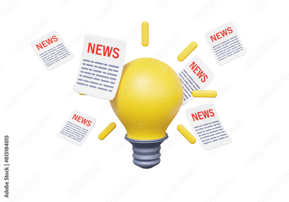 Poster light bulb idea with newspaper floating on isolated background. newsletter content platform, email c