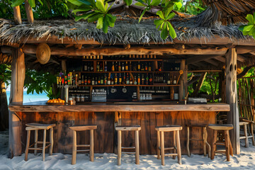 A rustic wooden bar on a tropical beach