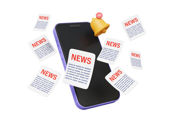 Newspaper news update daily via mobile phone floating on transparent background. Events newsletter content communication email information web page digital online. 3d render illustration