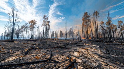 A forest area devastated by fire with standing trees in the backdrop, displaying the aftermath of a wildfire.