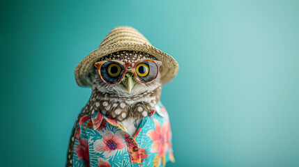 Irresistibly cute and clever owl wearing a Hawaiian shirt, hat, and glasses, ready for beach fun during hot summer days in the Mediterranean, against a monochrome background with warm and gentle color