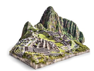 Machu Picchu A detailed replica of Machu Picchu, highlighting the ancient Incan ruins set against a mountain backdrop, isolated on white background.
