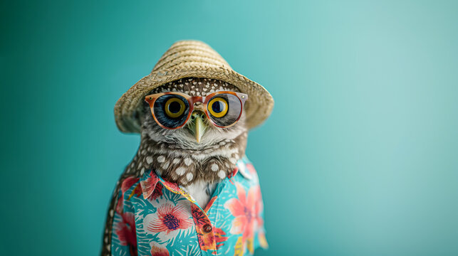 Irresistibly cute and clever owl wearing a Hawaiian shirt, hat, and glasses, ready for beach fun during hot summer days in the Mediterranean, against a monochrome background with warm and gentle color