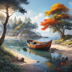 Obraz premium Watercolor illustration, romantic beautiful seaside landscape with boats during sunset, background for smartphone, giclee, illustration for print and interior decoration,