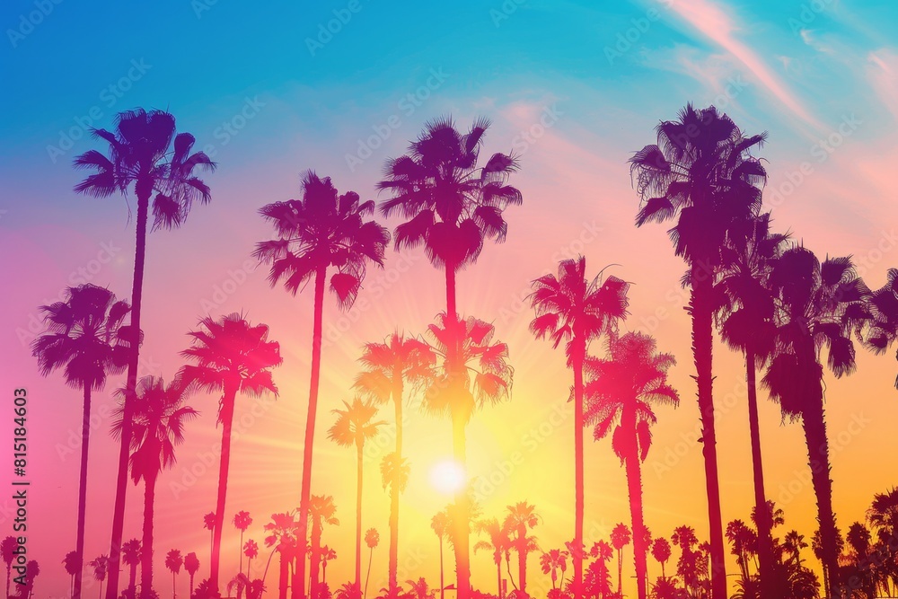 Poster a vibrant and colorful background with palm trees, a bright sun setting in the sky, creating a dream