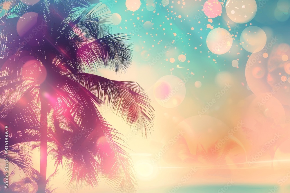 Poster beautiful summer background with palm trees and sunset sky with bokeh effect abstract colorful tropi