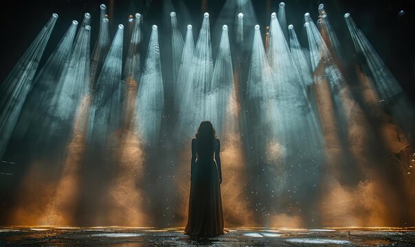 Spotlight on a stage performer, bright beams highlighting motion, dynamic performance capture