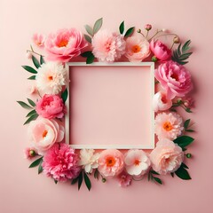 Frame made of beautiful peony flowers on pink background. Flat lay, copy space, summer flowers