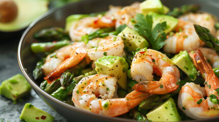 fresh shrimps with avocado and spinach, lime, lemon. healthy food concept