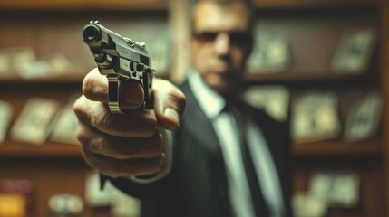 Naklejka premium Blurred figure of a man in suit aiming a gun symbolizes power abuse and corruption