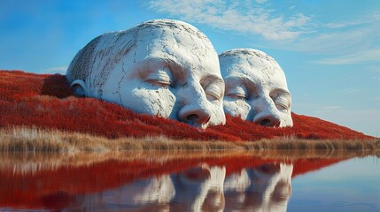 Huge stone heads with red flowers