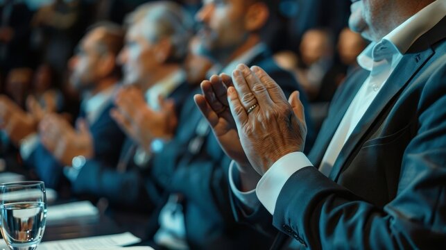 Business professionals in suits applauding a panel of experts during a discussion at a seminar