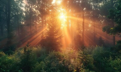 Fototapeta premium Sunrise scene with bright beams breaking through a dense forest, serene, natural setting