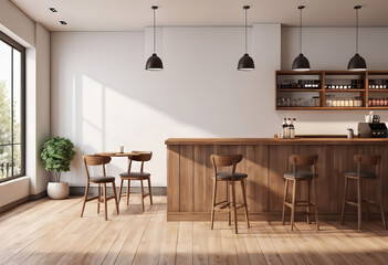 Fototapeta premium Modern cafe interior with empty white wall, wooden counter and natural light background, cozy space concept. minimalist interior design concept. 3D rendering,
