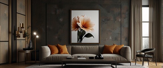 mock up poster frame in modern interior background, interior space, living room, Contemporary style, 3D render, 3D illustration, ultrarealistic