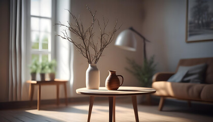 A simple living room interior - a round wooden table with a jug, branches and a chair. Hyper-realistic minimalist interior style