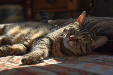 Cat relaxing in warm sunlight on a pillow
