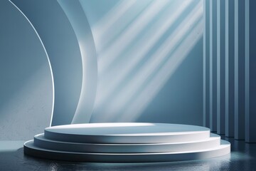Obraz premium Minimalistic 3D background with a white podium and curved arch illuminated by soft light