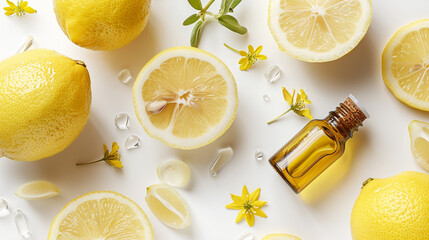 composition with essential oil, lemon and fresh flowers on light background